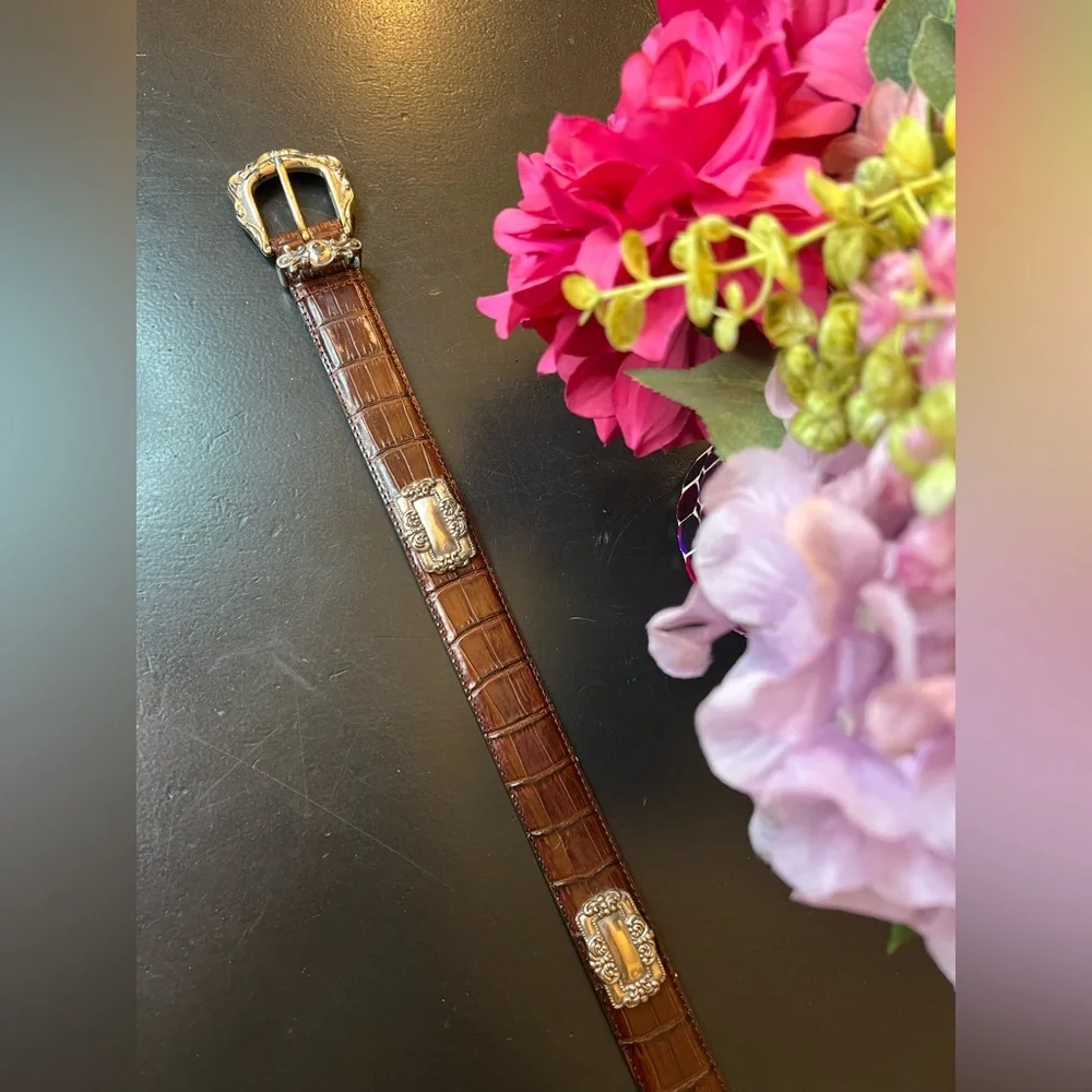 Enmon Vintage Italian Leather Brown & Silver Tone Scroll Concho‎ Moc Croc Belt L